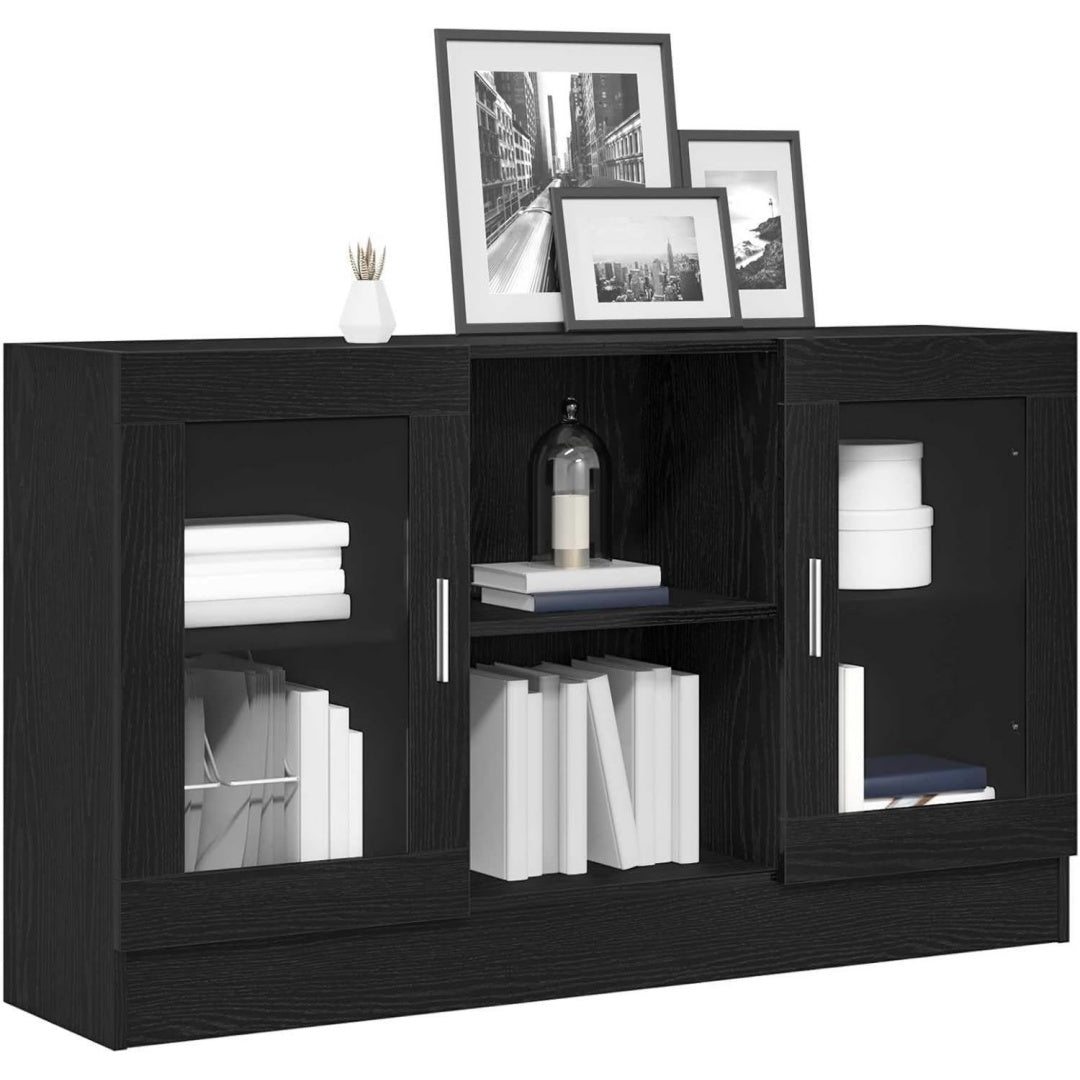 Das Sideboard misst 120 x 30.5 x 70 cm in Schwarz und Eichenbraun
