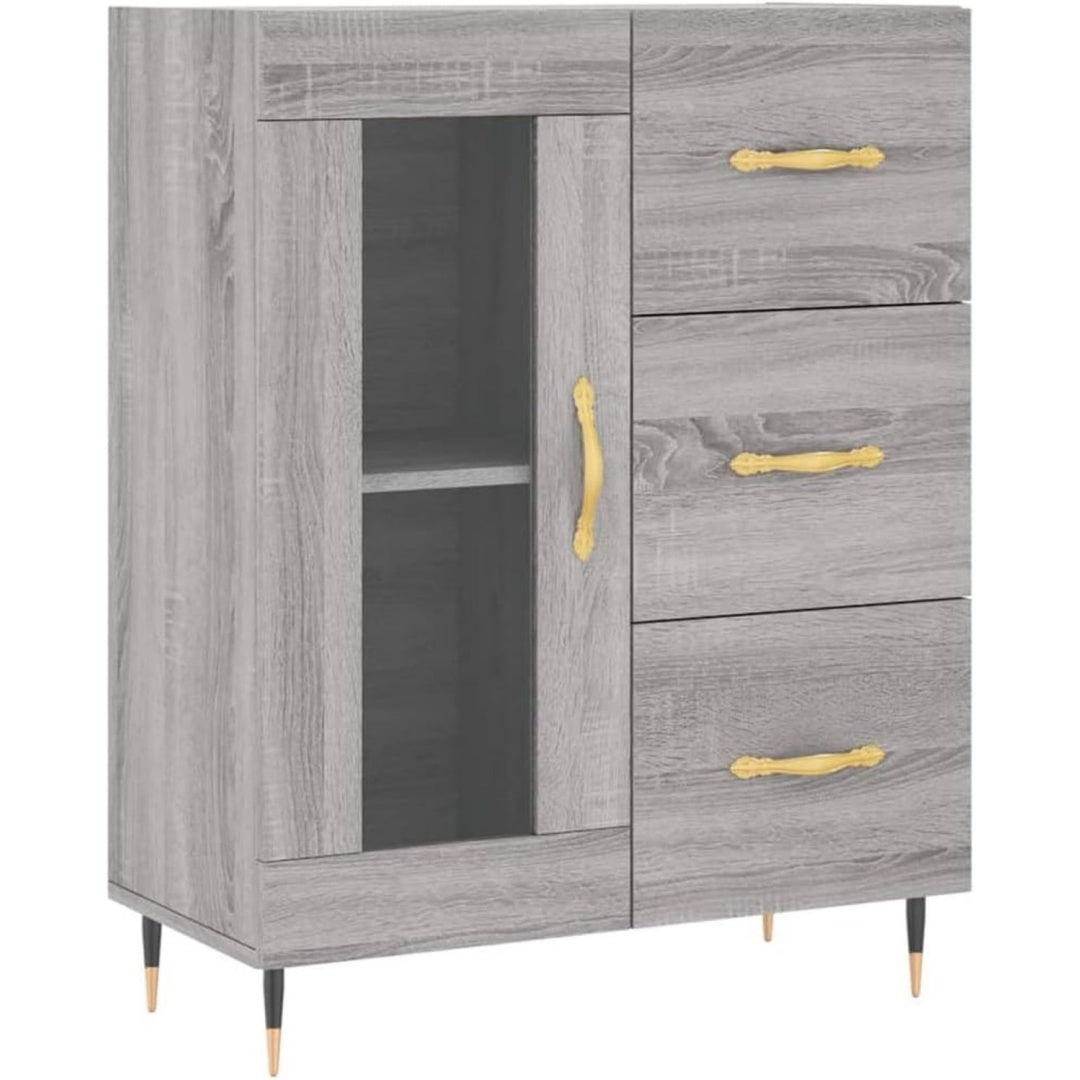 Das Sideboard setzt auf geschlossenen Stauraum in Eichenbraun und Grau