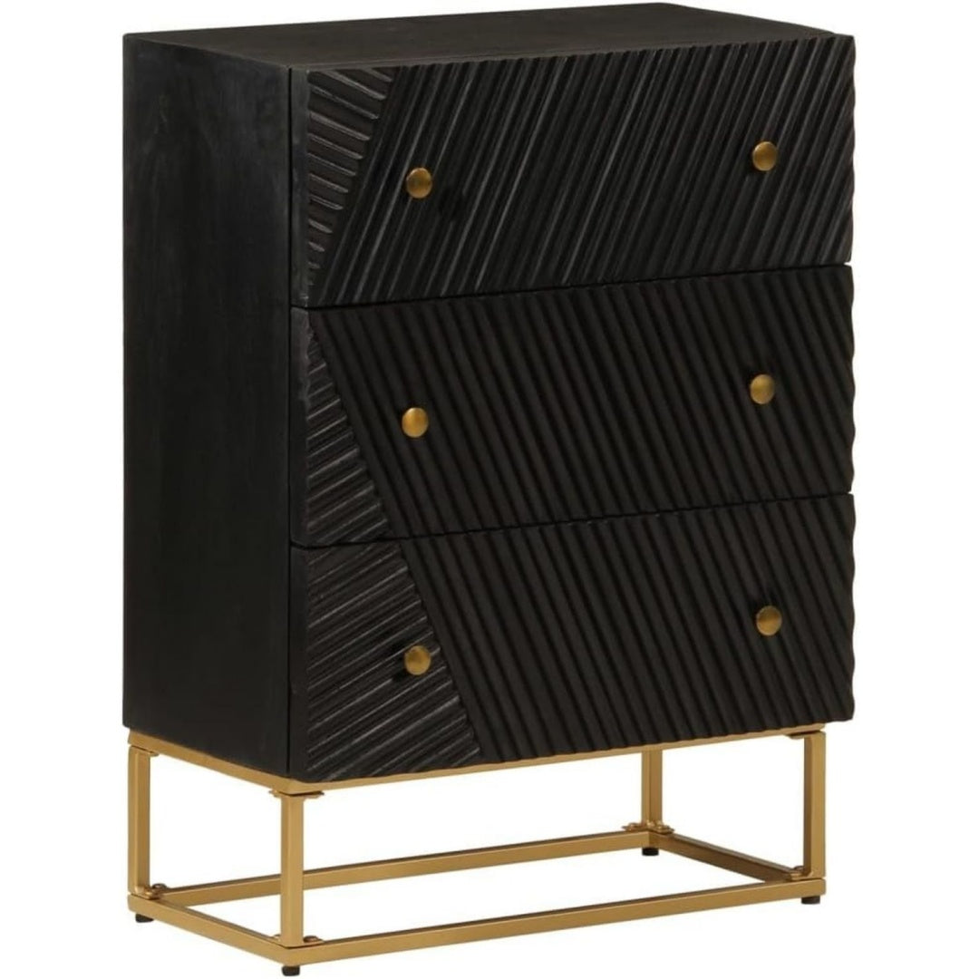 Das Sideboard misst 55 x 30 x 76 cm in Schwarz und Naturbraun