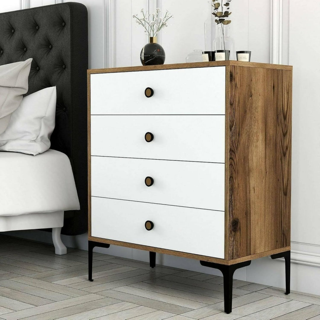 Beschichtete Flaechen treffen auf 4 Schubladen an dem Sideboard