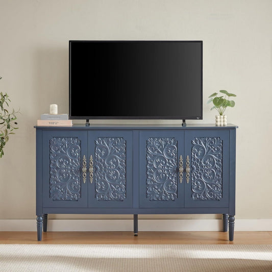 Sideboard mit Metallgriffen, Reliefstrukturen und gerundeten Konturen