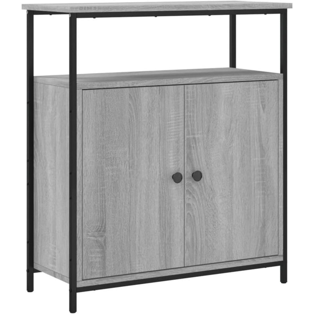 Das Sideboard misst 70 x 30 x 80 cm in Eichenbraun und Grau