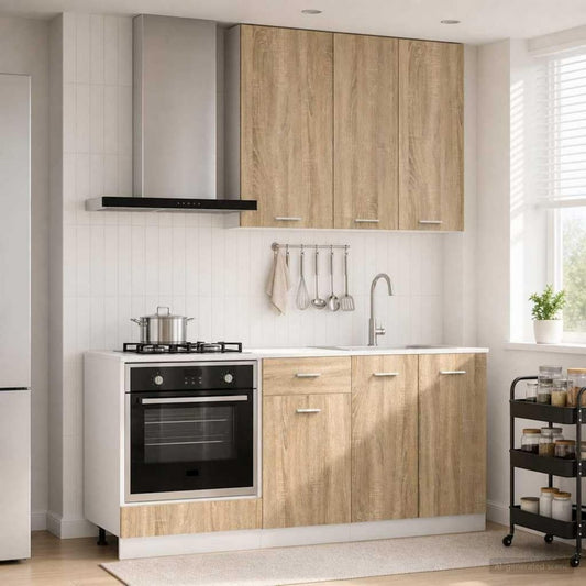 Die Gestaltung von dem Wandschrank wird durch Holzwerkstoff gepraegt in Eichenbraun